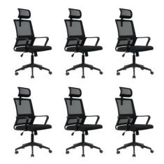 Kit 6 Cadeiras para Escritório Giratória Presidente Tokyo com Apoio Cabeça Preto