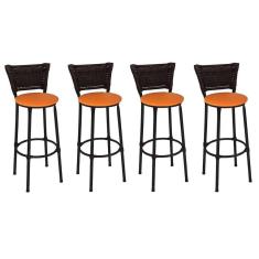 Kit 4 Banquetas Médias Preta com Encosto Junco Argila Assento Laranja