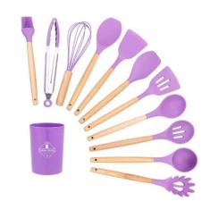 Kit 12 Utensílios de Cozinha Silicone Cabo de Madeira Varias Cores 026