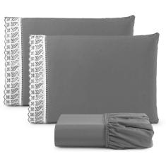 Jogo Cama Lençol Paris Casal Padrão Percal 180 Fios 100% Algodão Lese Bordada 3 Peças - Preto