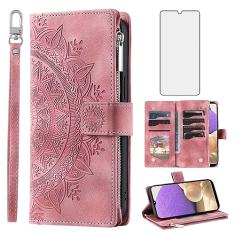Asuwish Capa de telefone para Samsung Galaxy A32 5G 2021 6,5 polegadas capa carteira com protetor de tela de vidro temperado mandala flor flip zíper titular cartão celular M32 G5 A 32 32A S32 SM-A326U