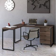 Mesa de Escritório em L Estilo Industrial 150x150cm com Gaveteiro Volante 4 Gavetas Nogal