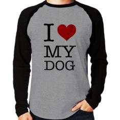Camiseta Raglan I love My Dog Manga Longa - Foca na Moda, Cinza, Preto