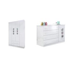 Guarda-Roupas 4 Portas 2 Gavetas e Cômoda 4 Gavetas 1 Porta Lívia Phoenix Baby Branco