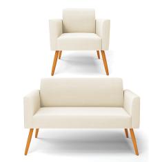 Sofá Namoradeira com Poltrona Pés Palito Castanho Marisa Veludo Bege D03 - D'Rossi