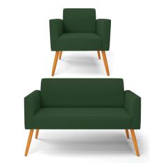 Sofá Namoradeira com Poltrona Pés Palito Castanho Marisa Veludo Verde D03 - D'Rossi