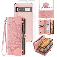 Asuwish Capa de celular para Google Pixel 8 5G com zíper carteira magnética destacável com protetor de tela de vidro temperado alça transversal mandala flor porta-cartões Pixel8 oito mulheres meninas