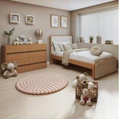 Quarto Infantil com Cama Solteiro Loop Tecido Sintético e 	Cômoda 8 Gavetas 150x95cm Leder Amêndoa Clean
