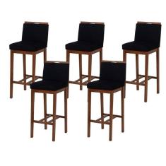 Kit 5 Banqueta Bistrô Berlim Pé Alto em Madeira Maciça de Eucalipto Verniz Veludo marrom e preto