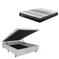 Cama Box Baú Casal 138x188cm em Courino com Colchão GranSleep Molas Verticoil Ecoflex Areia/Preto