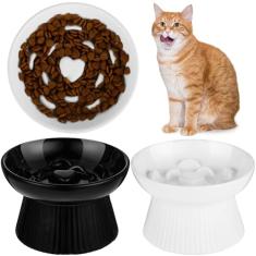 Tioncy 2 tigelas elevadas para ração lenta para gatos de cerâmica elevada para cães e gatos, borda alta para alimentos secos e úmidos, fácil de limpar, lavável na lava-louças (preto, branco)