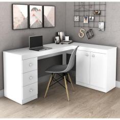 Mesa de Escritório em L com 3 Gavetas e 2 Portas - Branco - Movelbento