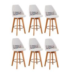 Kit 06 Banquetas Alta Maya Giratória Com Encosto Linho Bege Claro e Almofada Linhas Coloridas - Aurora Line