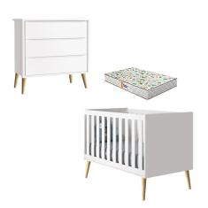 Berço Americano E Cômoda Gaveteiro Theo Branco Pés Madeira Natural Com Colchão Gazin ? Reller