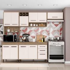 Cozinha Compacta Poliman Barcelona com Balcão, 11 Portas, 2 Gavetas, Nicho e Adega para 3 Garrafas - 258cm de largura