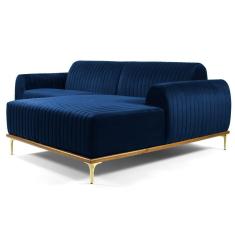 Sofá 300cm 5 Lugares Chaise Direito Pés Gold Azul Marinho
