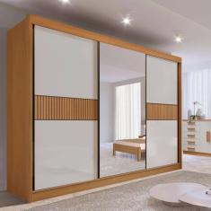 Guarda-roupa com Espelho Casal 3 Portas 6 Gavetas 100% Mdf Miami Ripado Cinamomo/Off White