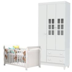 Berço Lara e Guarda Roupa Infantil 3 Portas Mariah Branco Brilho - Carolina