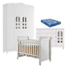 Quarto de Bebê New Selena 4 Portas com Cômoda Gran Selena e Berço Mirelle Branco Brilho e Colchão Ortobom – Carolina Móveis