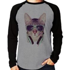 Camiseta Raglan Gato Headphone Manga Longa - Foca na Moda, Cinza, Pret