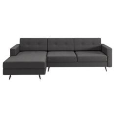 Sofá 3 Lugares Living com Chaise Pé Palito Linho Cotton Grafite Escuro