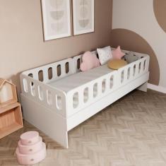 Cama Solteiro Mdf Branco Com 04 Grades E Cabeceira Anatômica Mobilisto