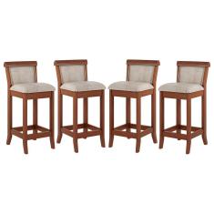 Kit 4 Banquetas Média Estofada Encosto Mônaco 36x90Cm Bancada Madeira Maciça Linho Bege M58 - RMI