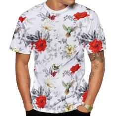 Camiseta Beija Flor Branca e Rosas Vermelhas Masculina - Di Nuevo, Bra