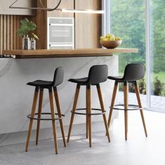 Kit 3 Banquetas Altas Luxo Versatil Aço Preto Linho Preto Base Carvalho