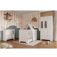 Quarto de Bebê Completo Guarda-roupa e Cômoda com Janelas e Berço 100% Mdf Liam Espresso Móveis Branco Brilho