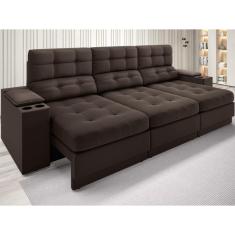 Sofá com Porta Copos e Carregador USB Eureka 2,30m Assento Retrátil e Reclinável Velosuede Chocolate - netsofas