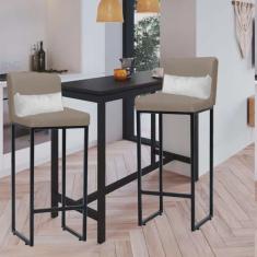 Kit 02 Banqueta Alta com Encosto Lucca Industrial Cozinha Balcão Ferro Preto Sintético Bege e Almofada Branco - Ahazzo Móveis