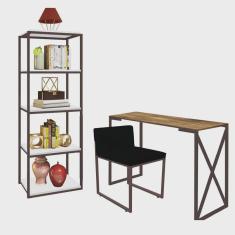 Kit Escritório Bex 1 Cadeira Corino Preto com 1 Mesa e 1 Livreiro Ferro Marrom mdf Freijó - Ahazzo Móveis
