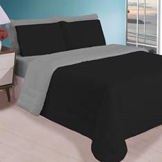 Jogo de Cama Casal Enxoval com Edredom e Jogo de Lençol 6 Peças (Preto e Cinza)