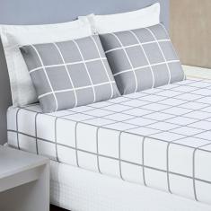 Jogo Cama Lençol Brooklyn Casal Quadriculado Micropercal 200 Fios 3 Peças - Cinza