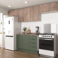 Cozinha Modulada 4 Peças com Tampo 3 Aéreos e 1 Balcão para Pia Ipanema CabeCasa MadeiraMadeira Acácia/Verde Folha/Branco