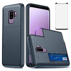Asuwish Capa de celular para Samsung Galaxy S9 Plus com protetor de tela de vidro temperado e suporte para cartão de crédito, capa carteira rígida, acessórios para celular Glaxay S9+ 9S 9+ S 9 9plus