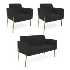 Sofá Namoradeira 2 Poltronas Pé de Ferro Dourado Marisa Veludo Preto D03 - D`Rossi