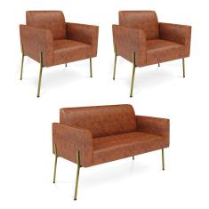 Sofá Namoradeira e 2 Poltronas Pé de Ferro Dourado Marisa Corano Nozes D03 - D`Rossi