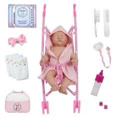 Boneca Tipo Reborn Pode Dar Banho Realista Com Carrinho - Cegonha Rebo