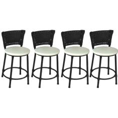 Kit 4 Banquetas Baixas Preta com Encosto Junco Preto Assento Branco