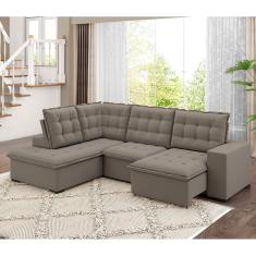 Sofá De Canto Retrátil Reclinável 8 Lugares Veludo Belluno Arte Cúbica Estofados Cinza Claro