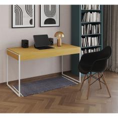 Escrivaninha Home Office Estilo Industrial Canela 137X53Cm Ferro Branco Com 1 Poltrona Preta
