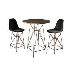 Jogo Mesa Bistrô Eames Tampo Amêndoa 60Cm 2 Banquetas Preta Base Ferro Cobre - Cor: Amendoa