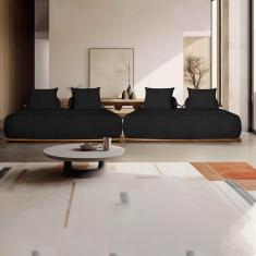 Sofá Modulado 6 Lugares Com Almofadas Soltas Pés Madeira Maciça 400cm Homer Bouclê Preto