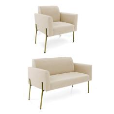 Sofá Namoradeira E Poltrona Pé De Ferro Dourado Marisa Suede D03 Bege