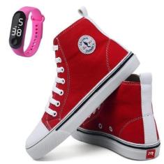 Kit Tênis Casual Feminino Cano Médio Liso + Relógio Digital-Feminino