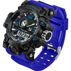 Relógio de pulso masculino, esportivo, com cronômetro, LED, eletrônico, dois horários, digital e analógico, ambientes externos, militar, tático, Digital, Azul