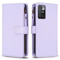 Capa com alça de pulso para Xiaomi Redmi 10, 9 compartimentos para cartão, 1 carteira de couro com zíper, função de suporte, fecho magnético, capa para celular compatível com Redmi 10 4G 6,5 polegadas