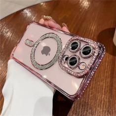 Glitter diamante claro caso de telefone para iphone 15 14 13 12 11 pro max 15 plus magnético para capa de carga sem fio, rosa, para iphone 13